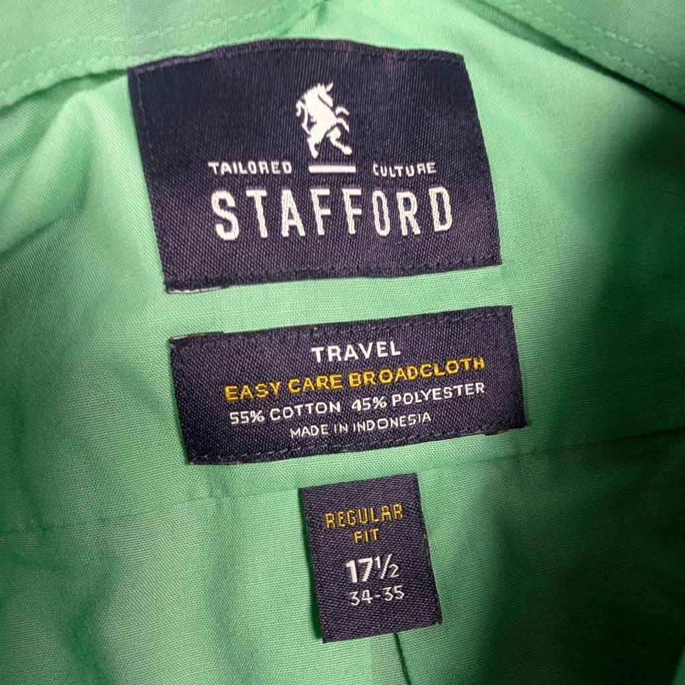 Stafford Dress Shirt Mens 17.5 34-35 Green Travel Easy Care Broadcloth Regular - Picture 3 of 8